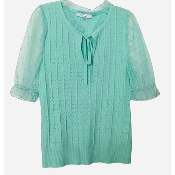 LIQUID BY SIONI SHORT LACE SLEEVE PULL-OVER BLOUSE, WOMENS, L, MINT GREEN, TIE - Picture 1 of 10